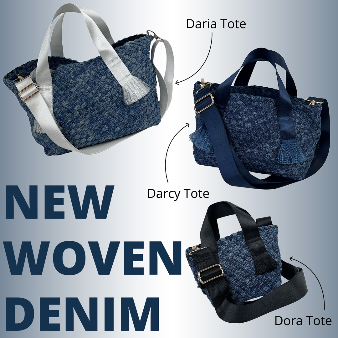 pictures of darcy, dora, and daria woven denim totes